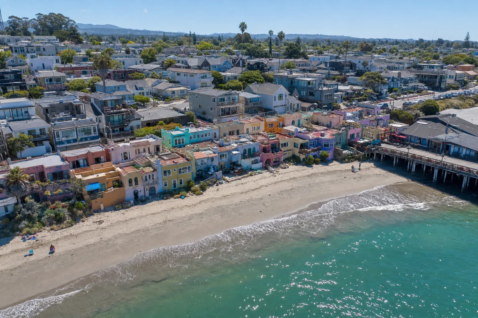 Aerial view of colorful Capitola Village beach cottages